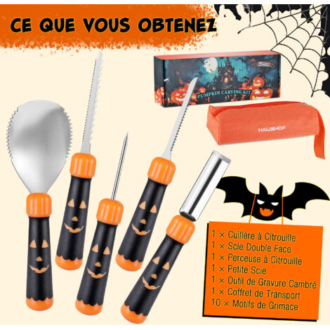 Kit Sculpture Citrouille Halloween 13 Pièces – Pochoirs + Outils Inox – Pour Famille, Créativité
