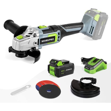 Workpro – Meuleuse d'angle sans fil 20V – Batterie lithium 4,0Ah – Ø125mm – 5 disques à tronçonner – Chargeur rapide et poignée auxiliaire