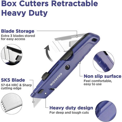 WORKPRO Cutter Universel avec Mécanisme de Changement Rapide, Cutter  Professionnel avec 4 Positions Réglables et 14 Lames de Rechange en SK5  (Bleu)