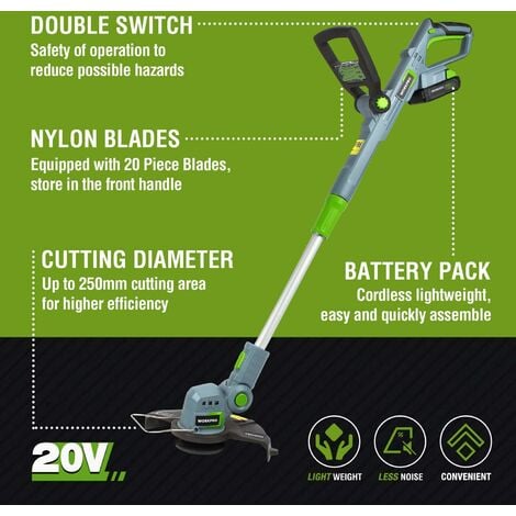 WORKPRO Coupe-Bordures sans Fil 20V avec Batterie 2,0 Ah, Charge en 1H, Tête de Coupe Rotative à 90°, 9000 TR/Min, Largeur de Coupe de 25 cm (Lame en Plastique 20 Pièces Comprises dans La Poignée)