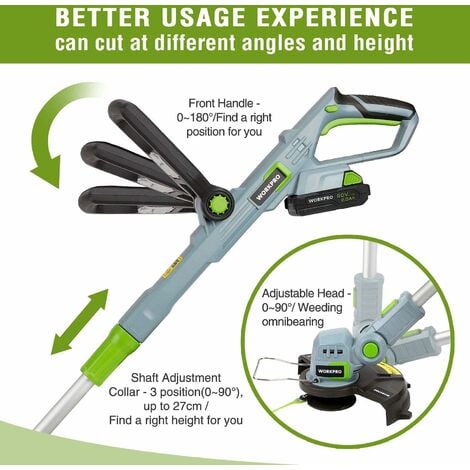 WORKPRO Coupe-Bordures sans Fil 20V avec Batterie 2,0 Ah, Charge en 1H, Tête de Coupe Rotative à 90°, 9000 TR/Min, Largeur de Coupe de 25 cm (Lame en Plastique 20 Pièces Comprises dans La Poignée)