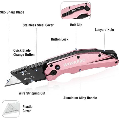 Cutter Professionnel WORKPRO Pliant - 13 Lames SK5 Supplémentaires, Rose