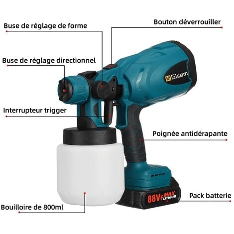 Pistolet à peinture 2 Batteries Craft painting Tool Home avec 3 jet mode contrôle du débit - Bleu
