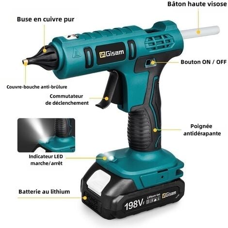 Pistolet à colle électrique portable sans fil 18 V (2 piles incluses),avec 10 bâtons de colle pour travaux manuels, bricolage, réparations rapides