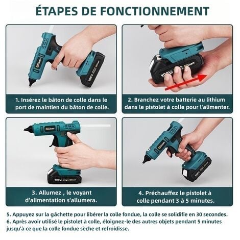 Pistolet à colle électrique portable sans fil 18 V (2 piles incluses),avec 10 bâtons de colle pour travaux manuels, bricolage, réparations rapides