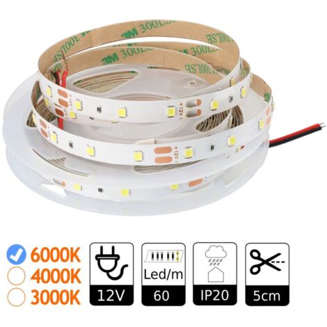 Jandei - Tiras LED 12V Blanco Frío 6000K 300LED Bobina 5 Metros IP20 Interior SMD2835 Base Adhesiva De Alta Calidad 3M. Corte Cada 5 Centímetros