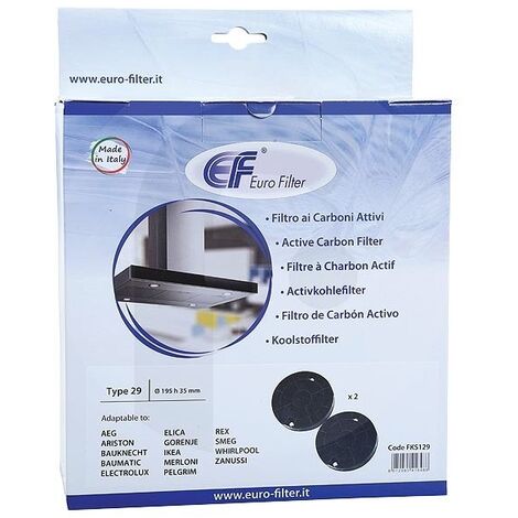 Filtre à charbon actif Type 29 – Lot de 2 – Diamètre 195 mm – Hauteur 35 mm – Compatible hottes Whirlpool Aeg FKS129 – Eurofilter