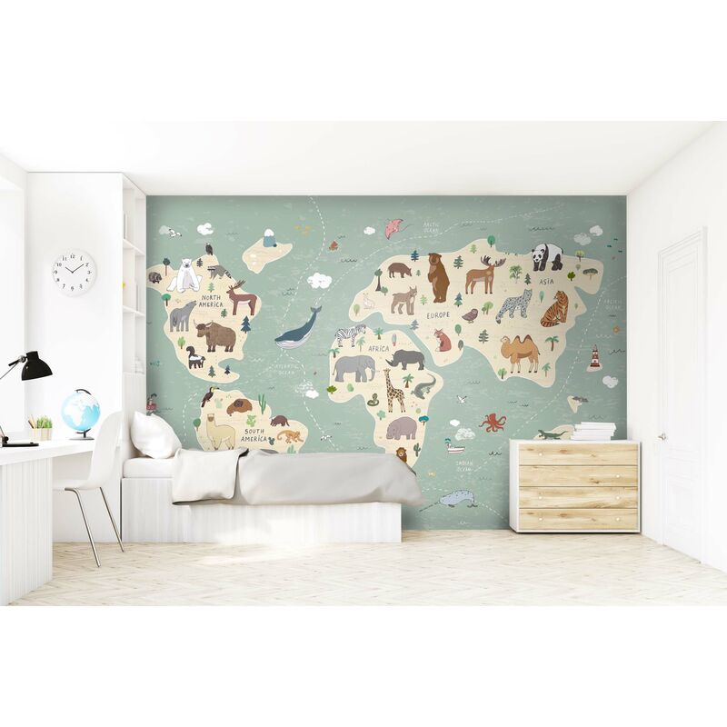 Papier peint panoramique carte du monde pour enfants - 3.5 x 2.79 m de  Sanders & Sanders