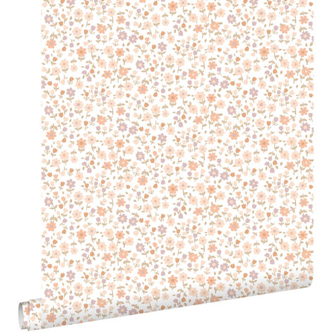 Papier peint à motif fleurs rose terracotta violet – Dimensions 53 cm x 10,05 m – Intissé écologique – Raccord sauté 17,6 cm – Estahome