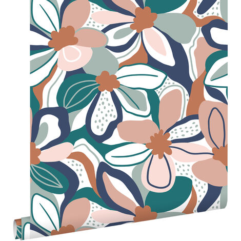 papier peint fleurs rose clair, terracotta et bleu - ESTAhome