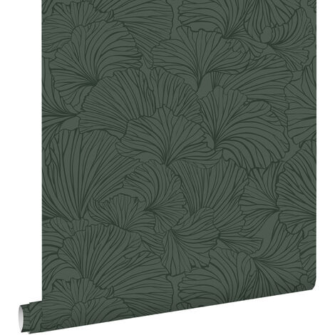 papier peint feuilles de ginkgo vert foncé  - ESTAhome