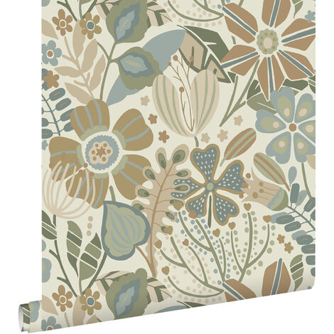 papier peint fleurs beige, bleu et vert  - ESTAhome