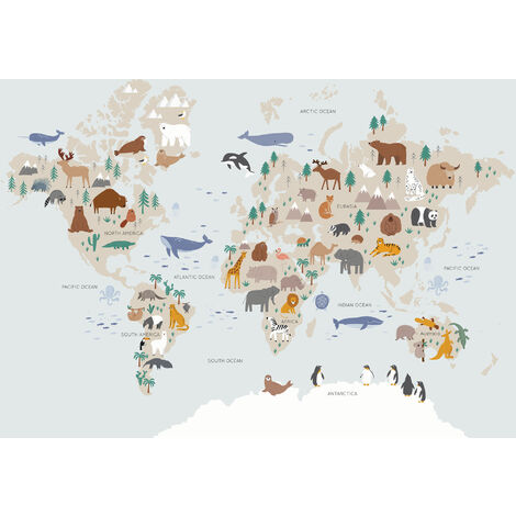 papier peint panoramique carte du monde pour enfants bleu clair et beige - Sanders & Sanders (1/4)