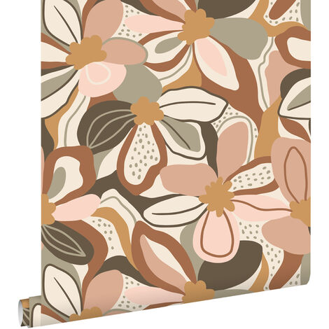 Papier peint à motif fleurs terracotta et rose clair – Dimensions 50 x 900 cm – Intissé écologique – Facile à poser sans table à tapisser – Estahome