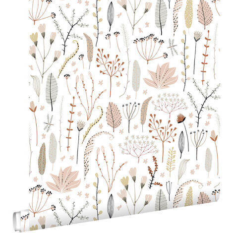 Papier peint à motif fleurs des champs rose clair et terracotta – Dimensions 53cm x 10,05m – Intissé avec impression écologique – Estahome