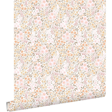 Papier peint intissé fleurs rose clair et beige – Dimensions 53cm x 10,05m – Raccord droit – Colle facile à poser – Estahome