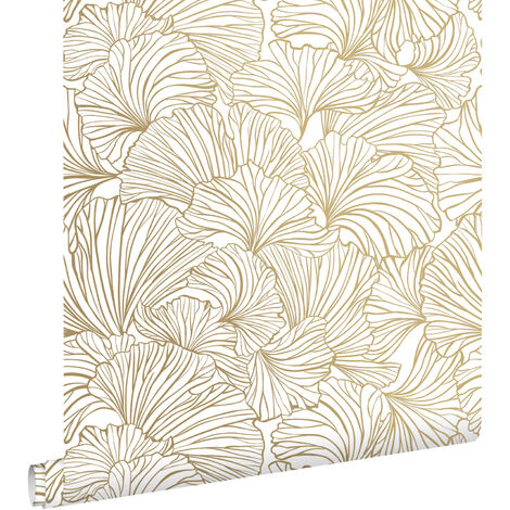 Papier peint intissé feuilles de ginkgo blanc et or – Dimensions 53cm x 10,05m – Écologique avec encres à base d'eau – Pose facile – Estahome