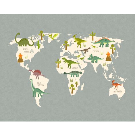 papier peint panoramique carte du monde pour enfants gris et vert - Sanders & Sanders (1/4)