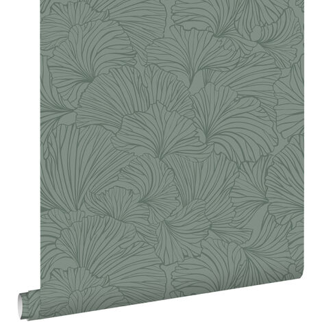 papier peint feuilles de ginkgo vert grisé  - ESTAhome