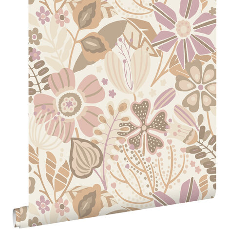 papier peint fleurs beige et lilas violet  - ESTAhome