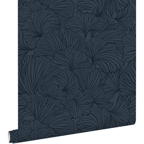 papier peint feuilles de ginkgo bleu foncé  - ESTAhome