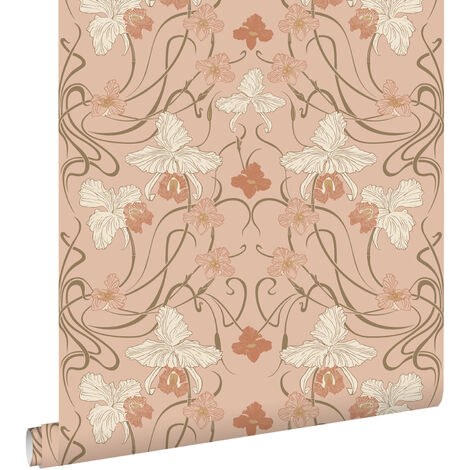 papier peint fleurs vintage de style art nouveau rose terracotta - ESTAhome (1/5)