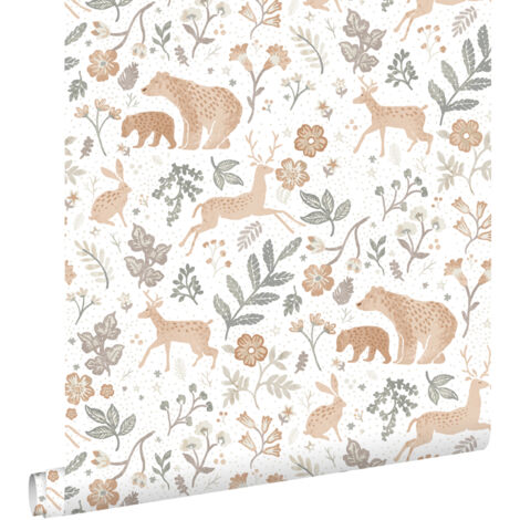 papier peint forêt avec des animaux de la forêt vert grisé, beige et blanc - ESTAhome (1/5)