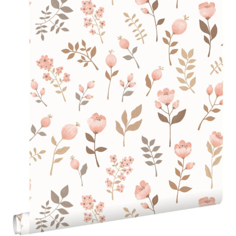 papier peint fleurs rose clair et vert olive grisé  - ESTAhome