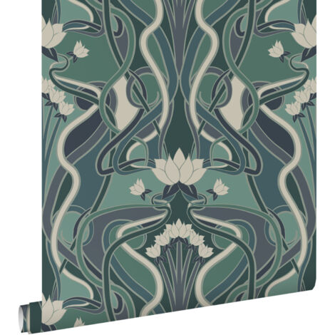 papier peint fleurs vintage de style art nouveau vert grisé et bleu  - ESTAhome