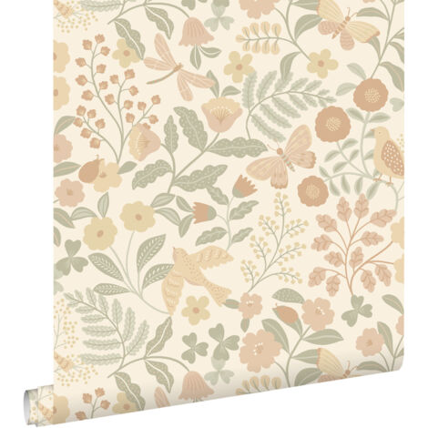 papier peint fleurs et oiseaux beige, vert et rose clair - ESTAhome