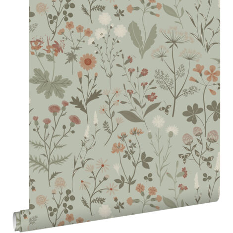 papier peint fleurs des champs vert menthe grisé  - ESTAhome