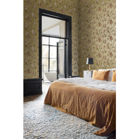 papier peint fleurs vintage or et rose terracotta  - ESTAhome