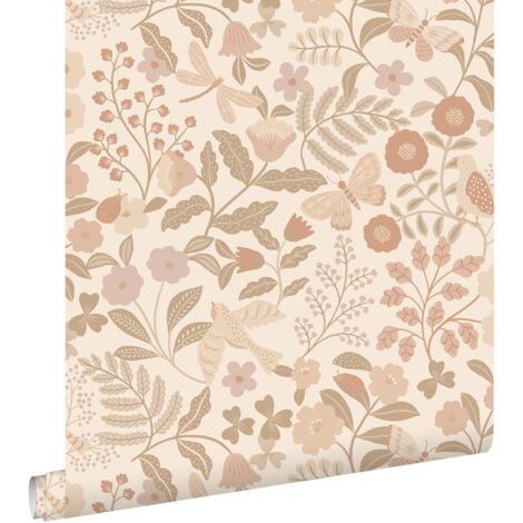 papier peint fleurs et oiseaux beige et rose clair - ESTAhome