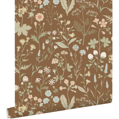 papier peint fleurs des champs marron beige  - ESTAhome