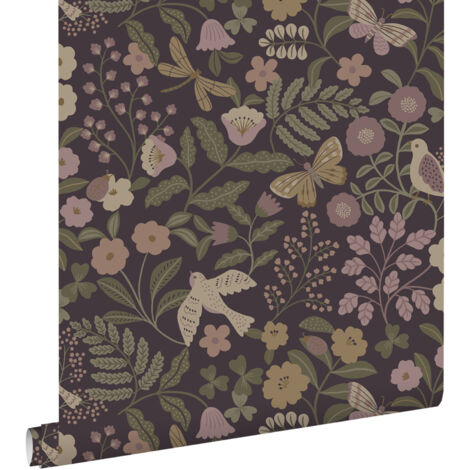 papier peint fleurs et oiseaux violet aubergine, vert olive grisé et lilas violet  - ESTAhome