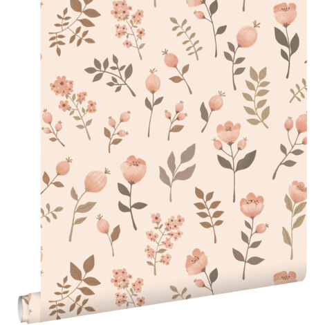 papier peint fleurs rose clair et beige - ESTAhome