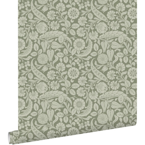 papier peint fleurs vert olive grisé - ESTAhome (1/5)