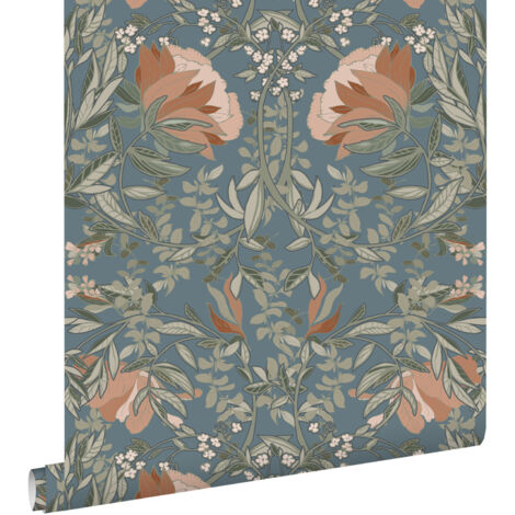papier peint fleurs vintage de style art nouveau bleu gris - ESTAhome (1/5)
