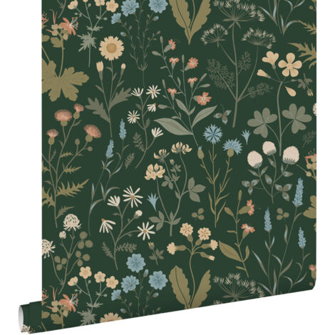 papier peint fleurs des champs vert foncé et bleu  - ESTAhome