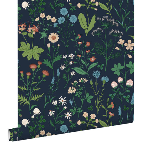 papier peint fleurs des champs encre bleu et vert - ESTAhome