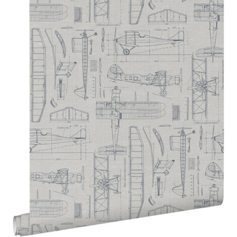 papier peint dessins de construction d'avions taupe et bleu grisâtre  - ESTAhome (1/5)