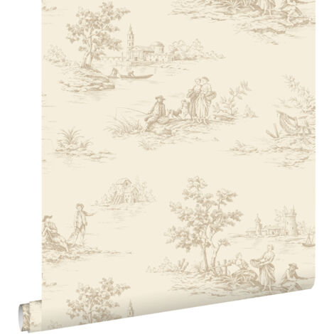 Papier peint toile de jouy beige clair – Motif vintage – Dimensions 53 cm x 10.05 m – Raccord sauté – Pose facile sans table à tapisser – Estahome (1/5)