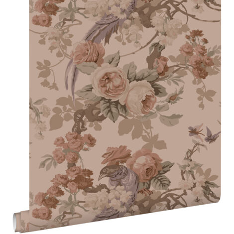 papier peint fleurs et oiseaux vieux rose  - ESTAhome (1/5)