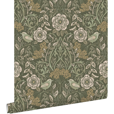 papier peint fleurs et oiseaux vert foncé - ESTAhome