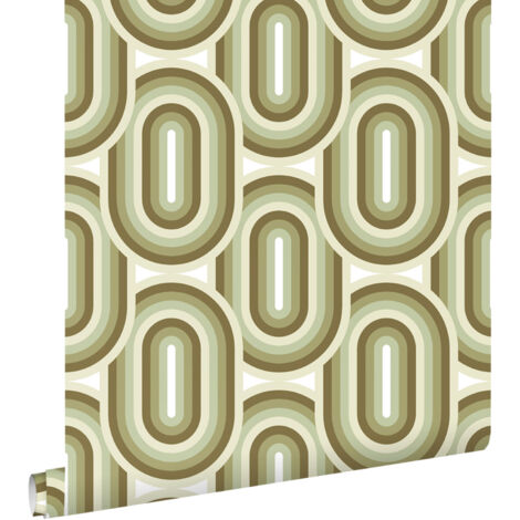 papier peint ornements au style rétro vert olive grisé  - ESTAhome