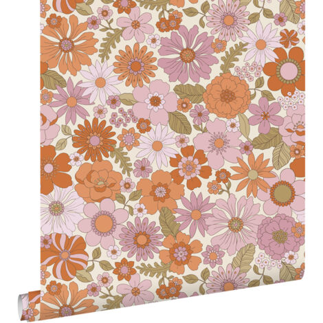 papier peint fleurs rétro violet et orange  - ESTAhome
