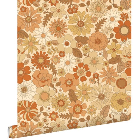 papier peint fleurs rétro orange  - ESTAhome