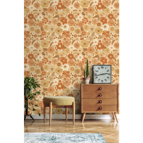 papier peint fleurs rétro orange  - ESTAhome