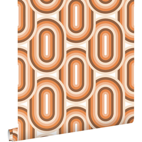 Papier peint à motif rétro orange et marron – Dimensions 53cm x 10,05m – Pose facile sur mur – Écologique et imprimé haute qualité – Estahome (1/5)