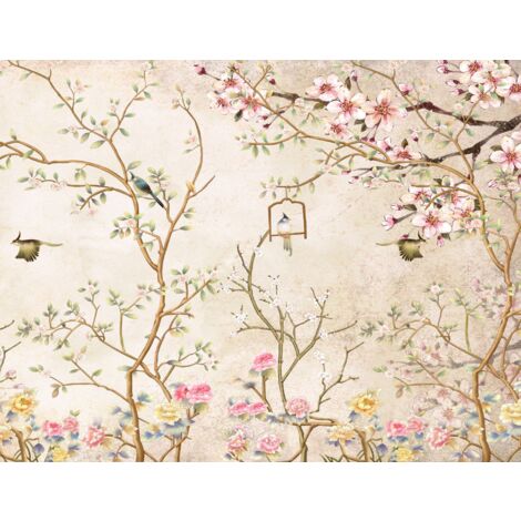 papier peint panoramique fleurs et oiseaux beige  - Sanders & Sanders